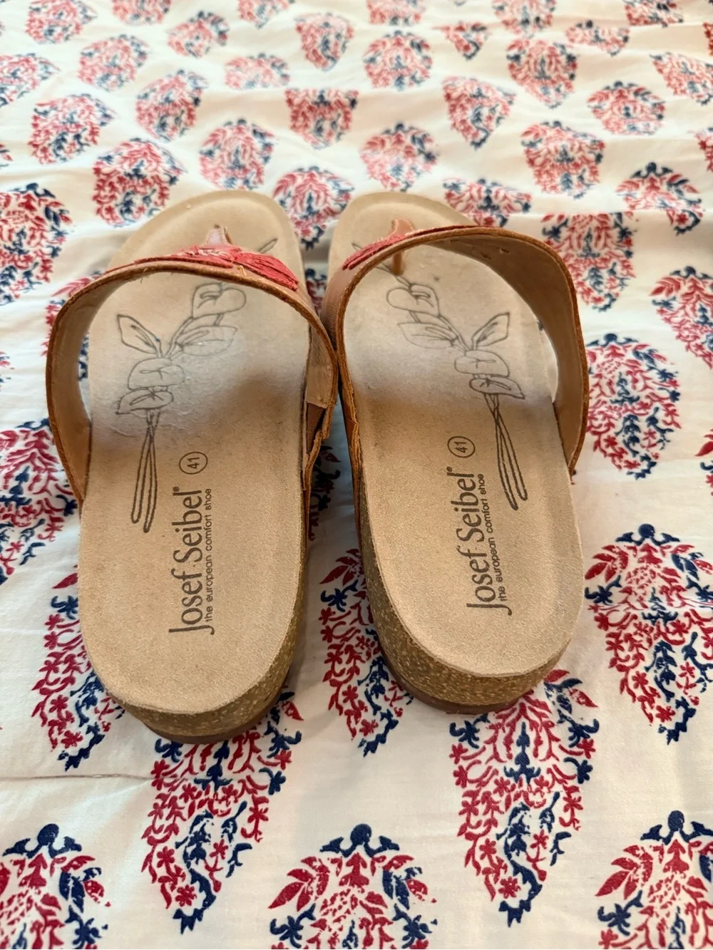Josef Seibel Tan Leather Thong Sandals with Red Floral Cutout